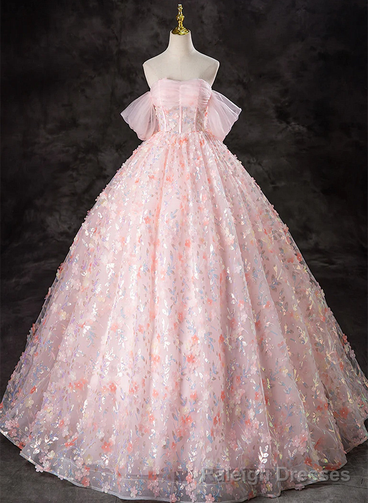 Pink Lace A Line Off Shoulder Long Prom Dress, Pink Lace Prom Dress Main image