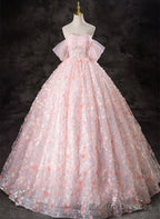 Pink Lace A Line Off Shoulder Long Prom Dress, Pink Lace Prom Dress