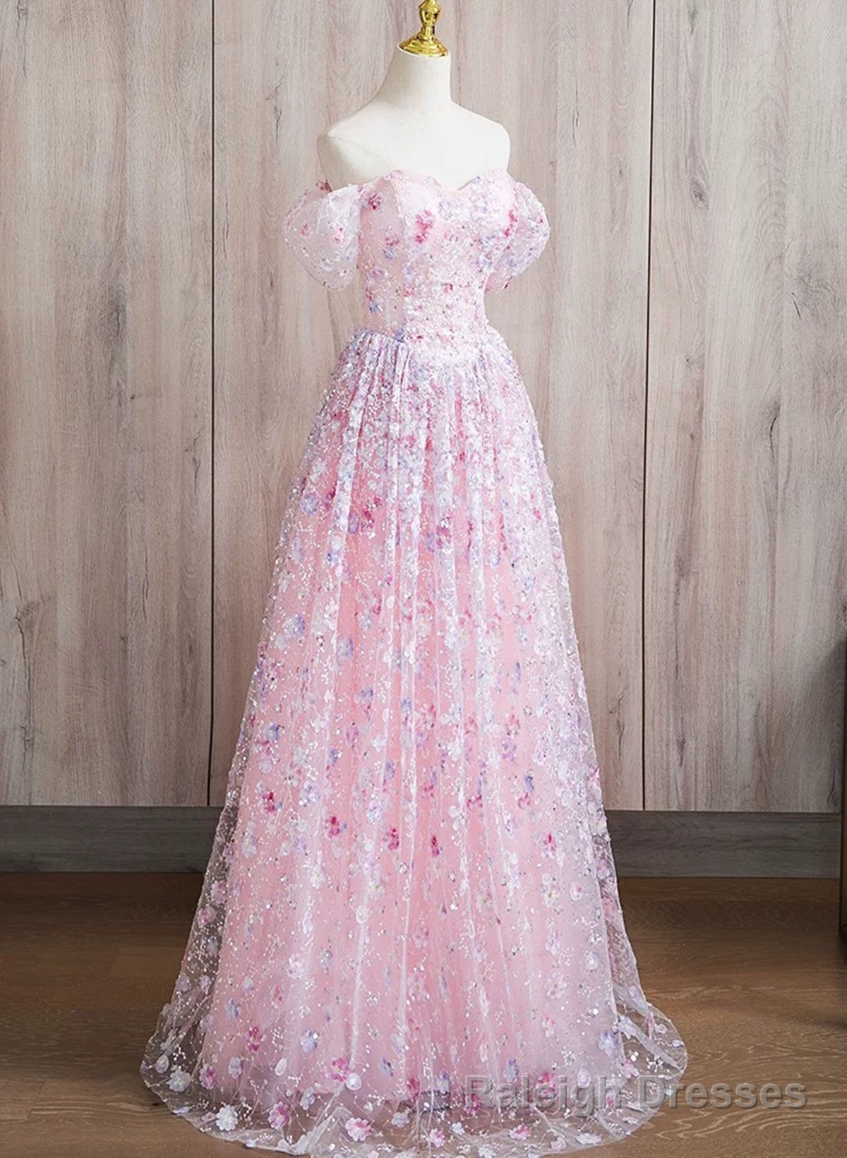 Pink Lace A-line Sweetheart Off Shoulder Simple Prom Dress, Pink Lace ...