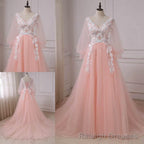 Pink Lace Applique V Neckline Long Prom Dress, Long Sleeves Fashionable Prom Gowns