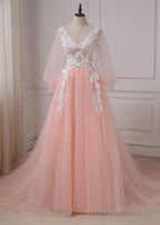 Pink Lace Applique V Neckline Long Prom Dress, Long Sleeves Fashionable Prom Gowns