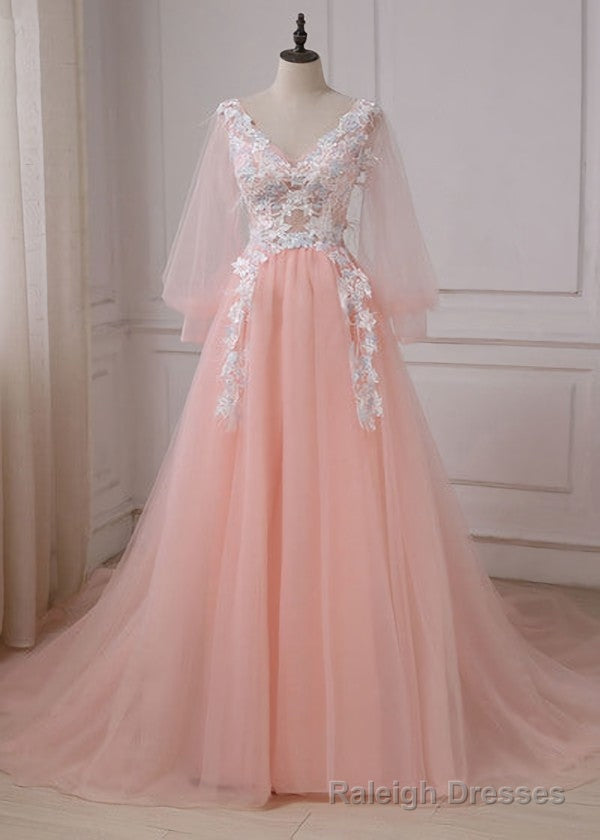 Pink Lace Applique V Neckline Long Prom Dress, Long Sleeves Fashionable Prom Gowns