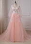 Pink Lace Applique V Neckline Long Prom Dress, Long Sleeves Fashionable Prom Gowns
