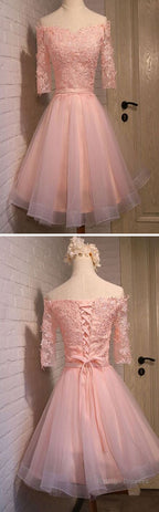 Pink Lace Appliques Organza Lace Up Back Off Shoulder Half Sleeve Homecoming Dress