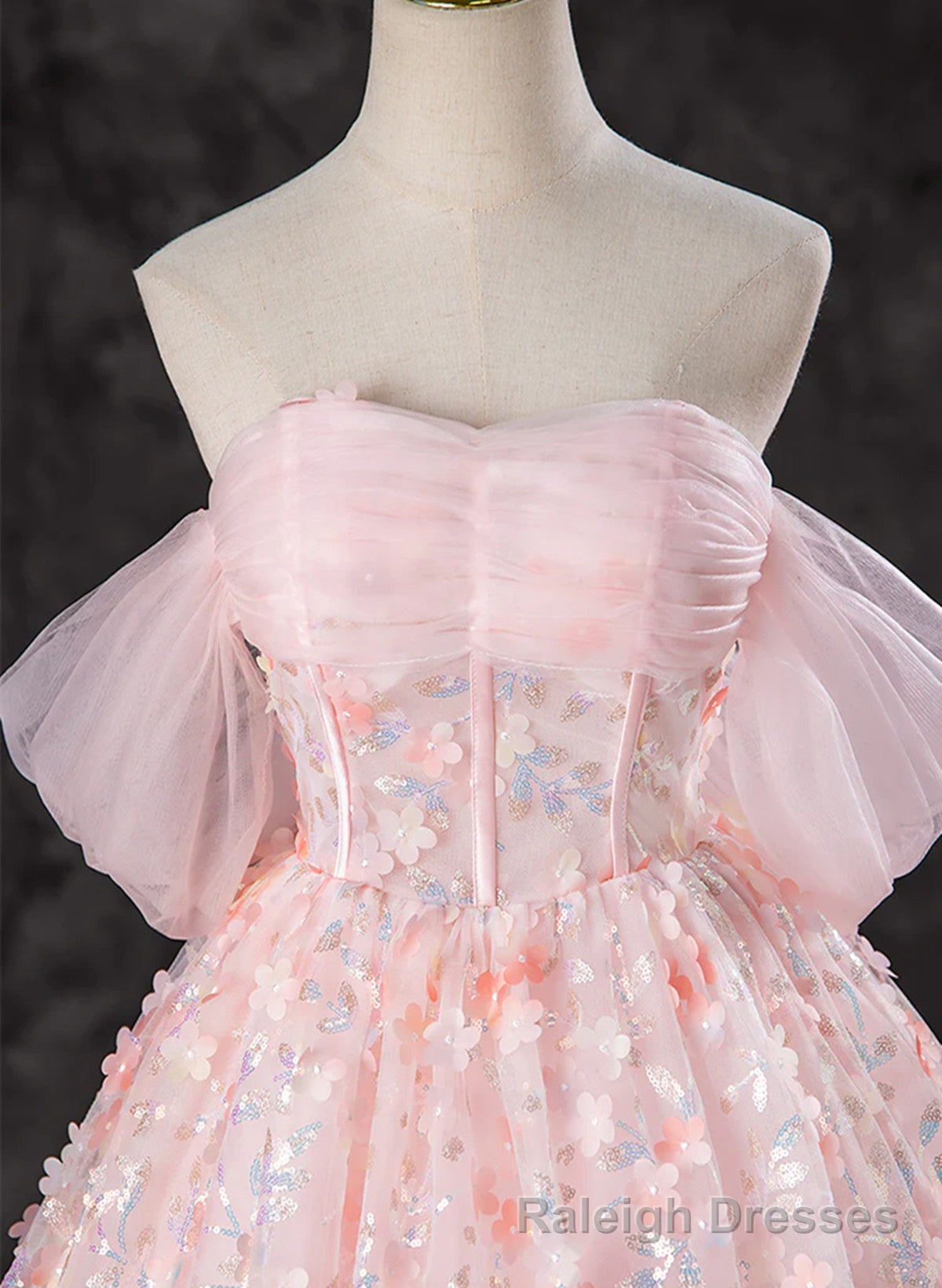 Pink Lace Cute Ball Gowns Off Shoulder Sweet 16 Dress, Pink Tulle Prom Dress Secondary image