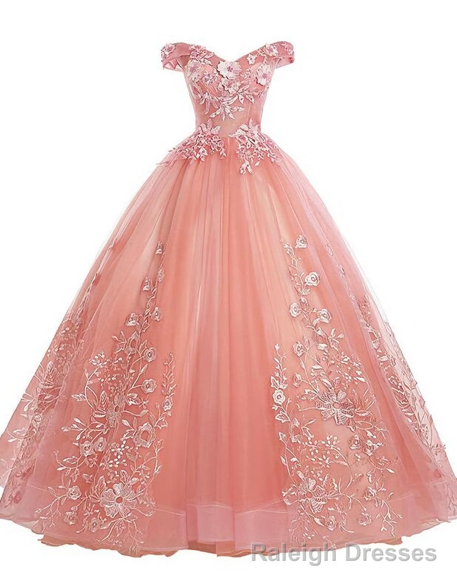 Pink Lace Flower Off Shoulder Sweet 16 Dress, Pink Long Prom Dresses Quinceaner Dress