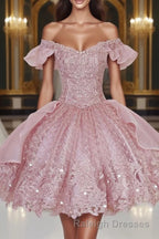 Pink Lace Homecoming Gown with Beading,Princess Off the Shoulder Hoco Dress