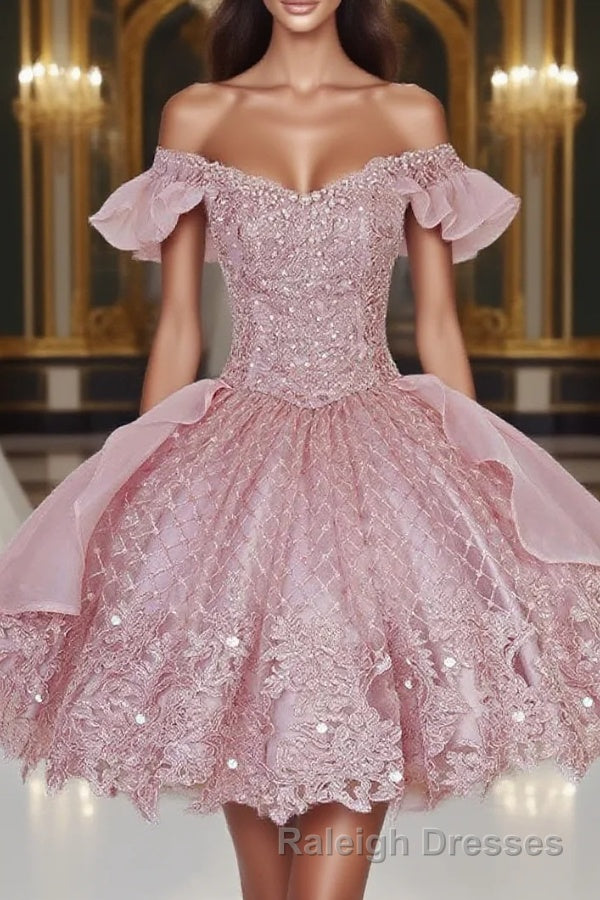 Pink Lace Homecoming Gown with Beading,Princess Off the Shoulder Hoco Dress