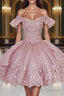 Pink Lace Homecoming Gown with Beading,Princess Off the Shoulder Hoco Dress