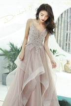 Pink Lace Long A-Line Prom Dresses Pink Spaghetti Straps Prom Dresses
