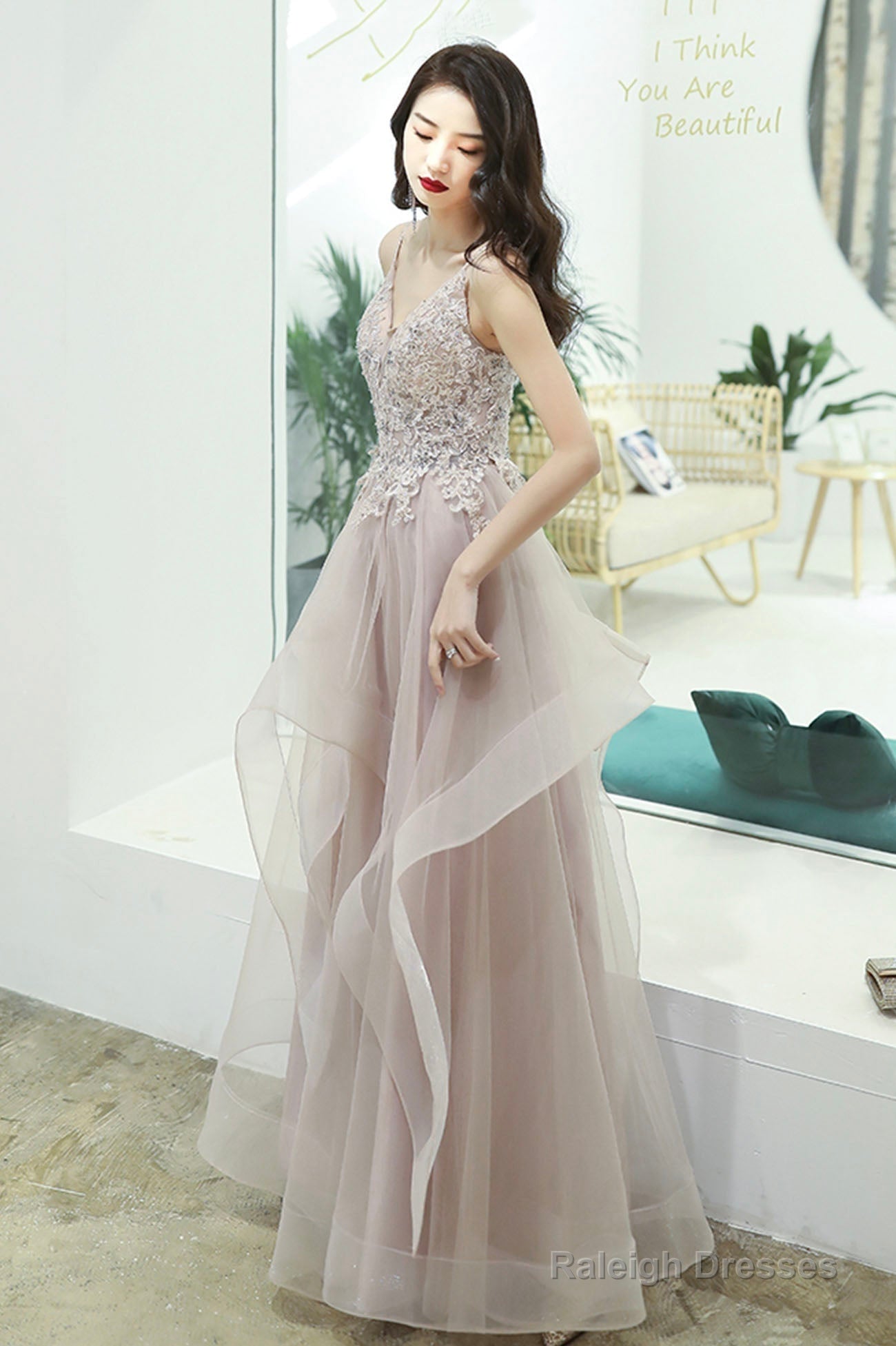 Pink Lace Long A-Line Prom Dress, Pink Spaghetti Straps Evening Dress