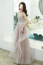 Pink Lace Long A-Line Prom Dresses Pink Spaghetti Straps Prom Dresses