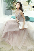 Pink Lace Long A-Line Prom Dress, Pink Spaghetti Straps Evening Dress