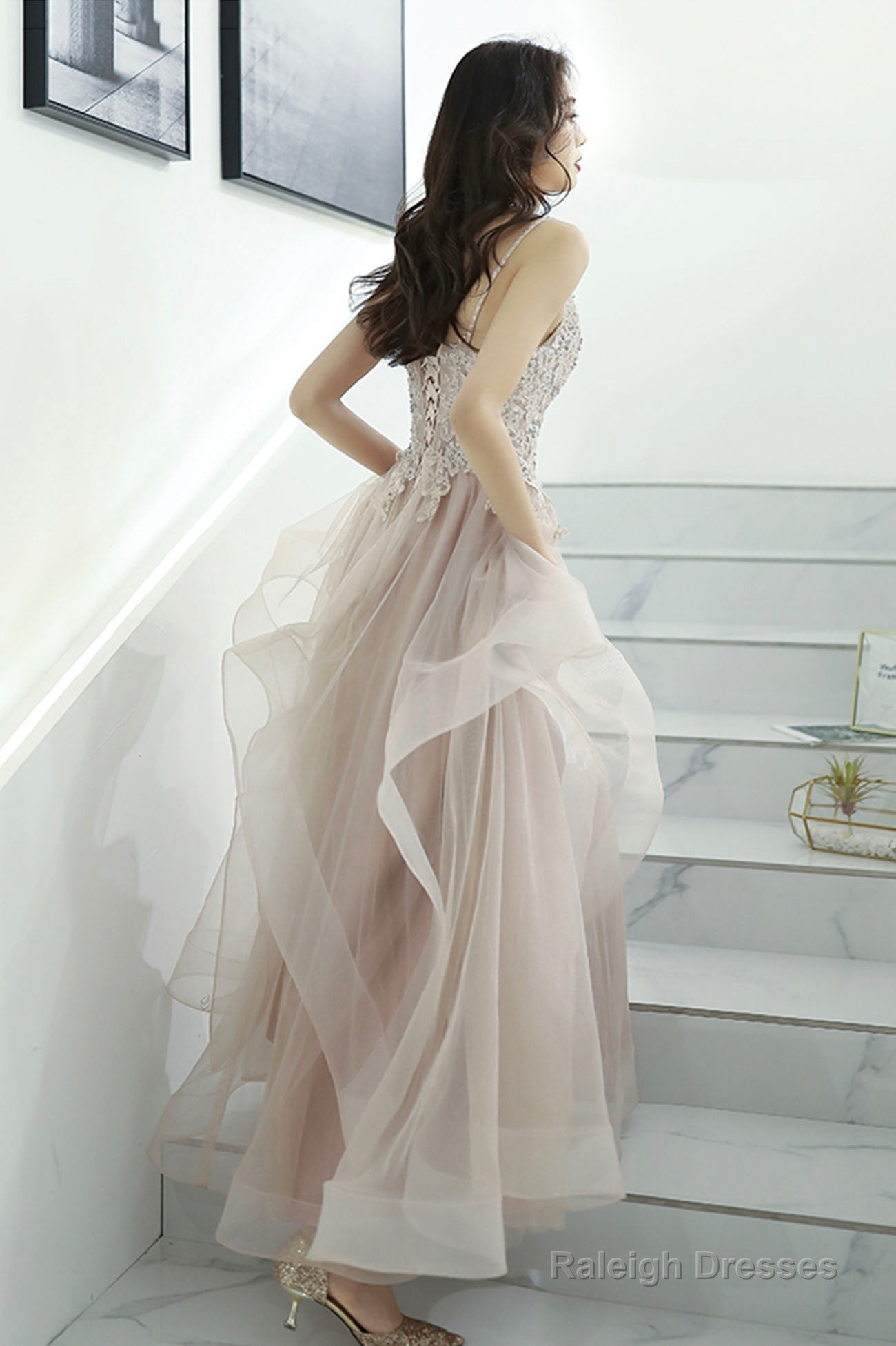 Pink Lace Long A-Line Prom Dresses Pink Spaghetti Straps Prom Dresses