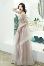 Pink Lace Long A-Line Prom Dresses Pink Spaghetti Straps Prom Dresses