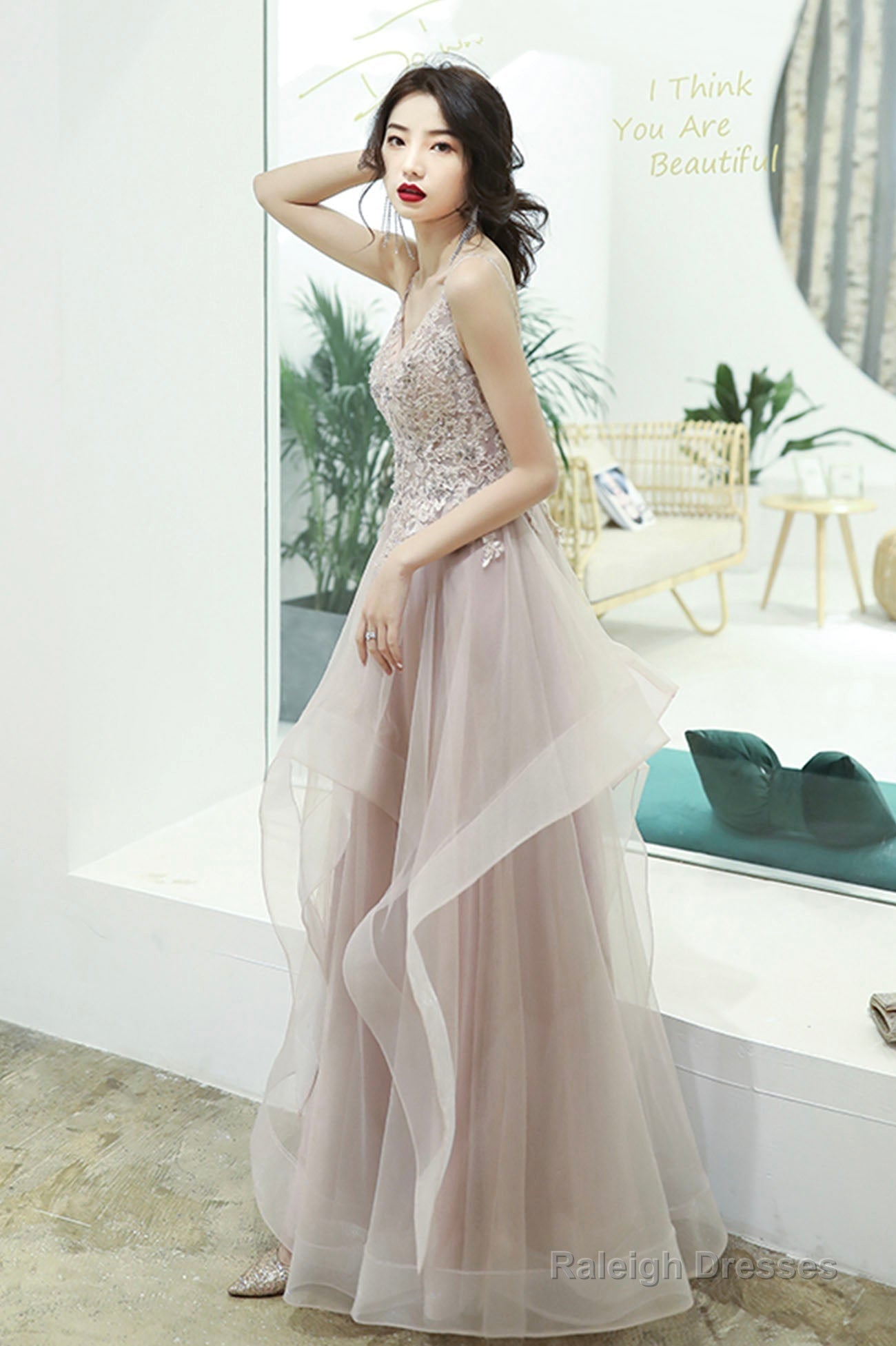 Pink Lace Long A-Line Prom Dresses Pink Spaghetti Straps Prom Dresses