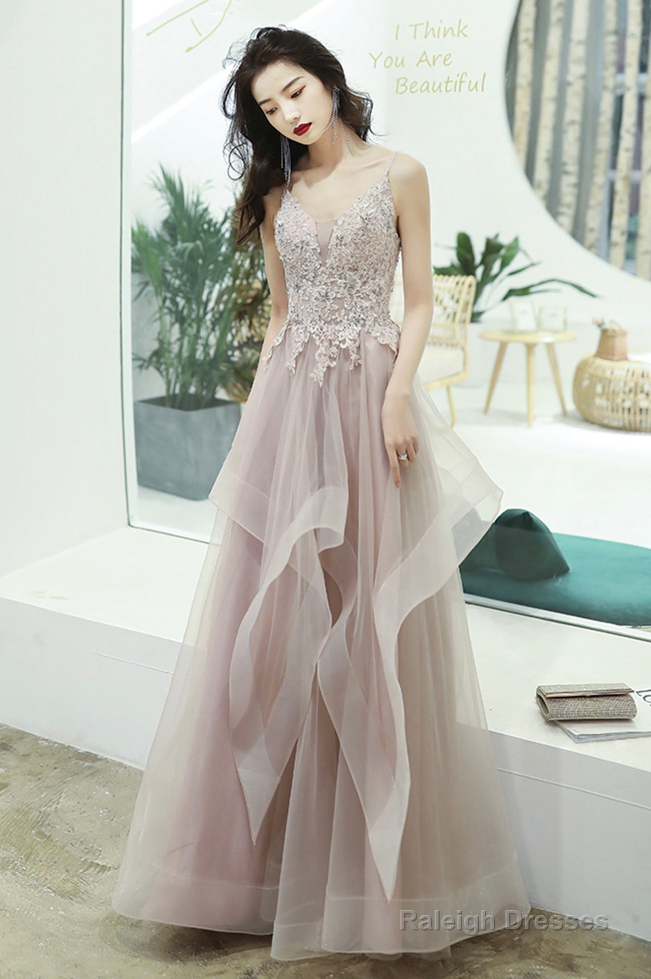 Pink Lace Long A-Line Prom Dress, Pink Spaghetti Straps Evening Dress Main image