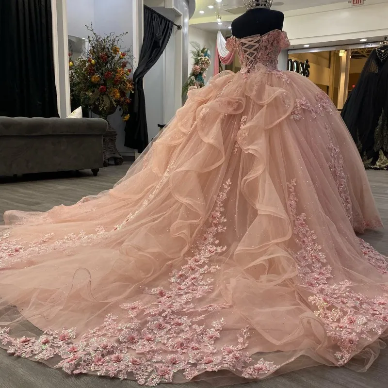 Pink Lace Long Prom Dress Ball Gowns Sweet 16 Dress Secondary image