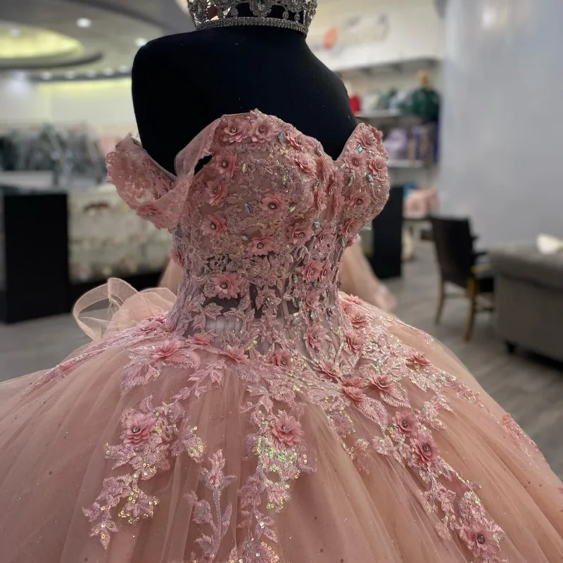 Pink Lace Long Prom Dress Ball Gowns Sweet 16 Dress