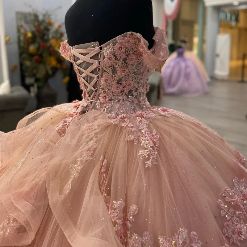 Pink Lace Long Prom Dress Ball Gowns Sweet 16 Dress