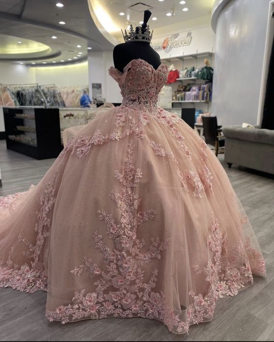 Pink Lace Long Prom Dress Ball Gowns Sweet 16 Dress
