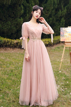 Pink Lace Long Prom Dress Lovely A-Line Prom Dress