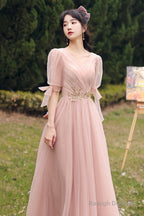 Pink Lace Long Prom Dresses, Lovely A-Line Evening Dresses