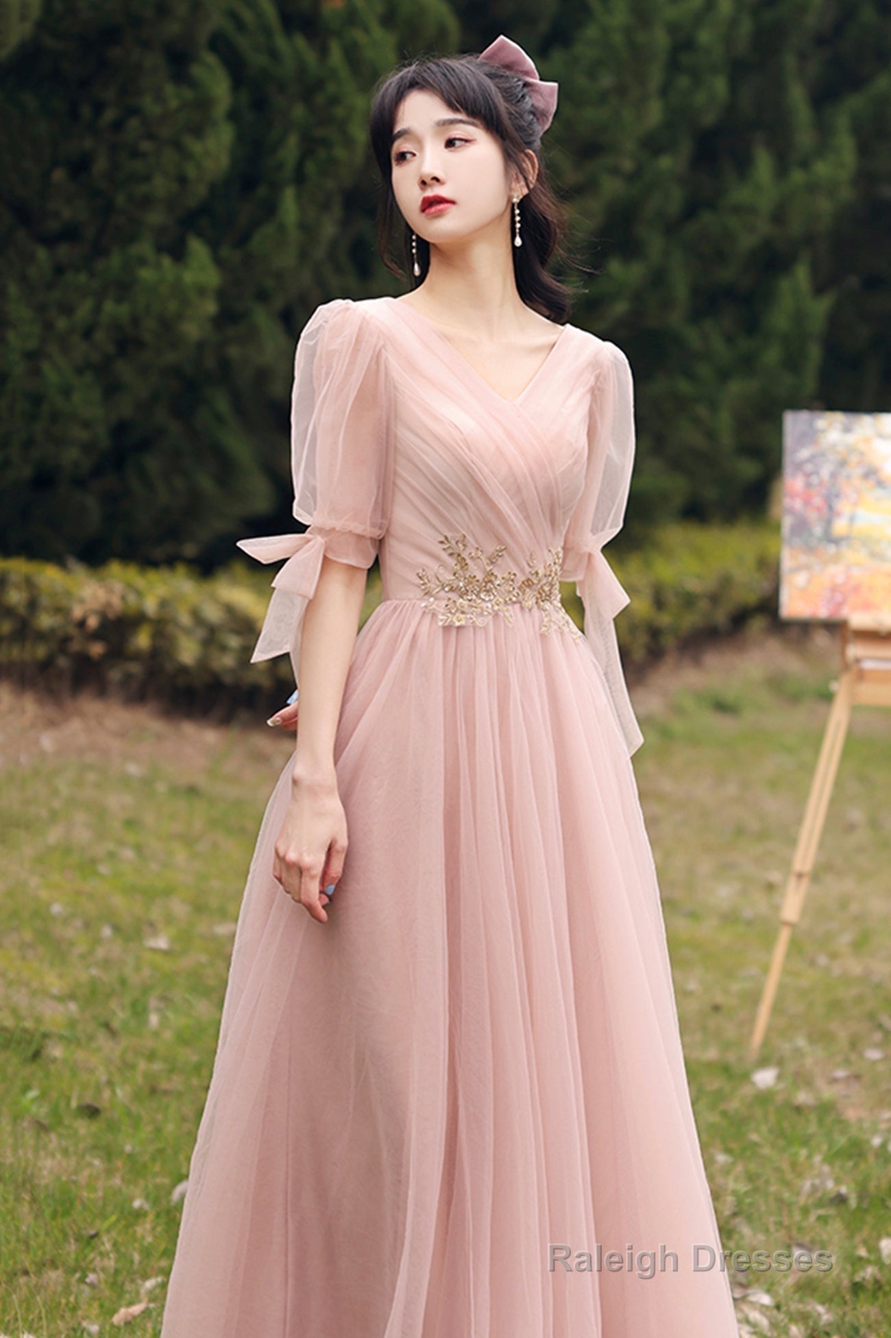 Pink Lace Long Prom Dresses, Lovely A-Line Evening Dresses