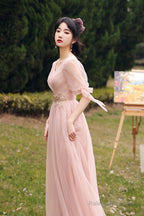 Pink Lace Long Prom Dresses, Lovely A-Line Evening Dresses