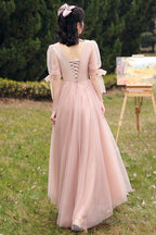 Pink Lace Long Prom Dresses, Lovely A-Line Evening Dresses