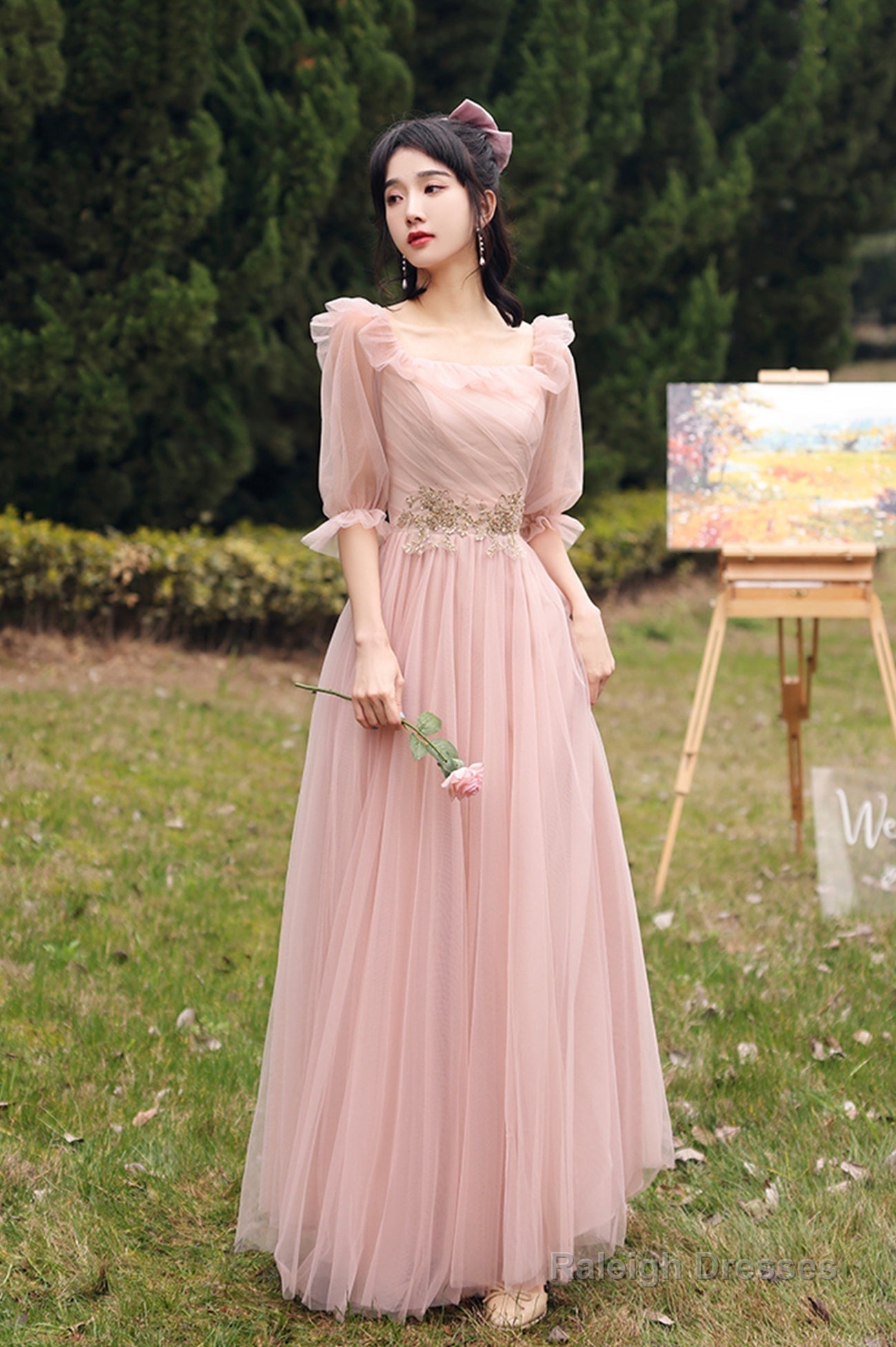 Pink Lace Long Prom Dress Lovely A-Line Prom Dress