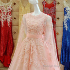Pink Lace Long Sleeves Prom Dress