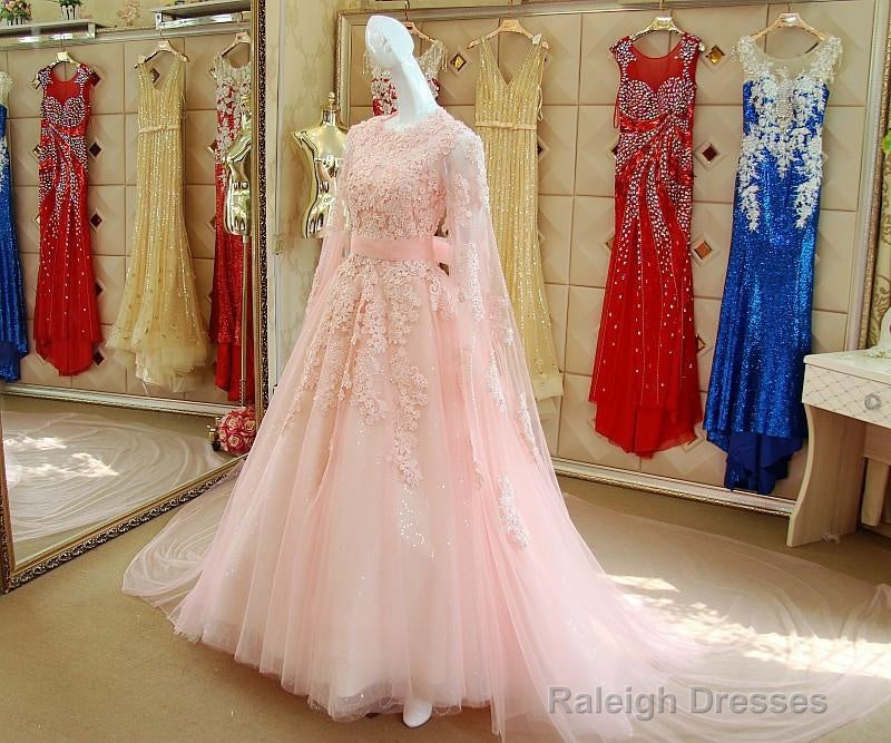 Pink Lace Long Sleeves Prom Dress