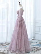 Pink Lace Off Shoulder Sleeves Long Party Dress, Lace Wedding Party Dress