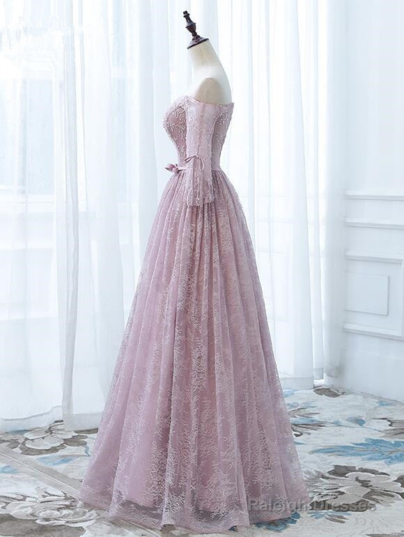 Pink Lace Off Shoulder Sleeves Long Party Dress, Lace Wedding Party Dress