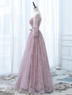 Pink Lace Off Shoulder Sleeves Long Prom Dresses Lace Wedding Prom Dresses