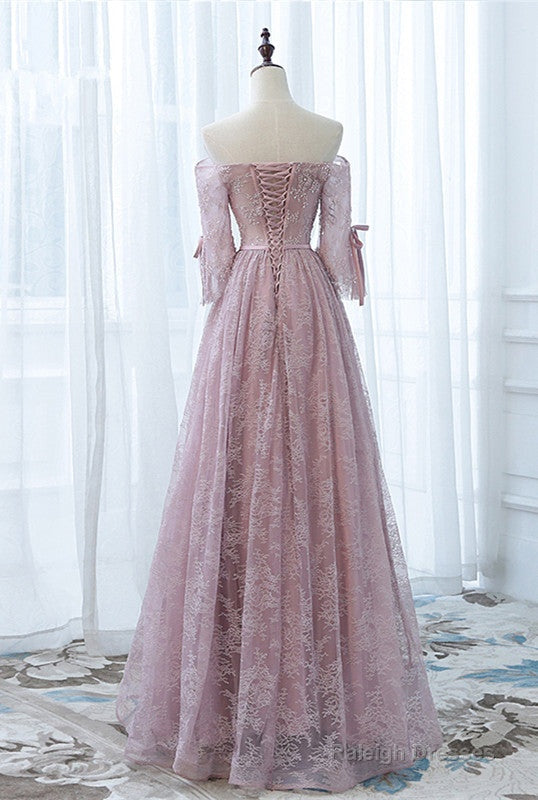 Pink Lace Off Shoulder Sleeves Long Prom Dresses Lace Wedding Prom Dresses