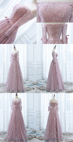 Pink Lace Off Shoulder Sleeves Long Party Dress, Lace Wedding Party Dress