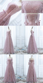 Pink Lace Off Shoulder Sleeves Long Prom Dresses Lace Wedding Prom Dresses