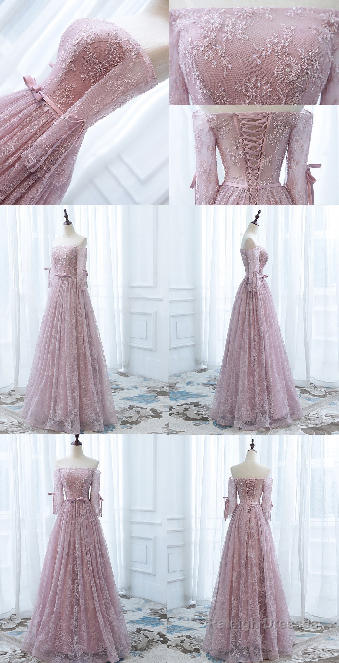 Pink Lace Off Shoulder Sleeves Long Prom Dresses Lace Wedding Prom Dresses
