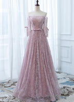 Pink Lace Off Shoulder Sleeves Long Party Dress, Lace Wedding Party Dress