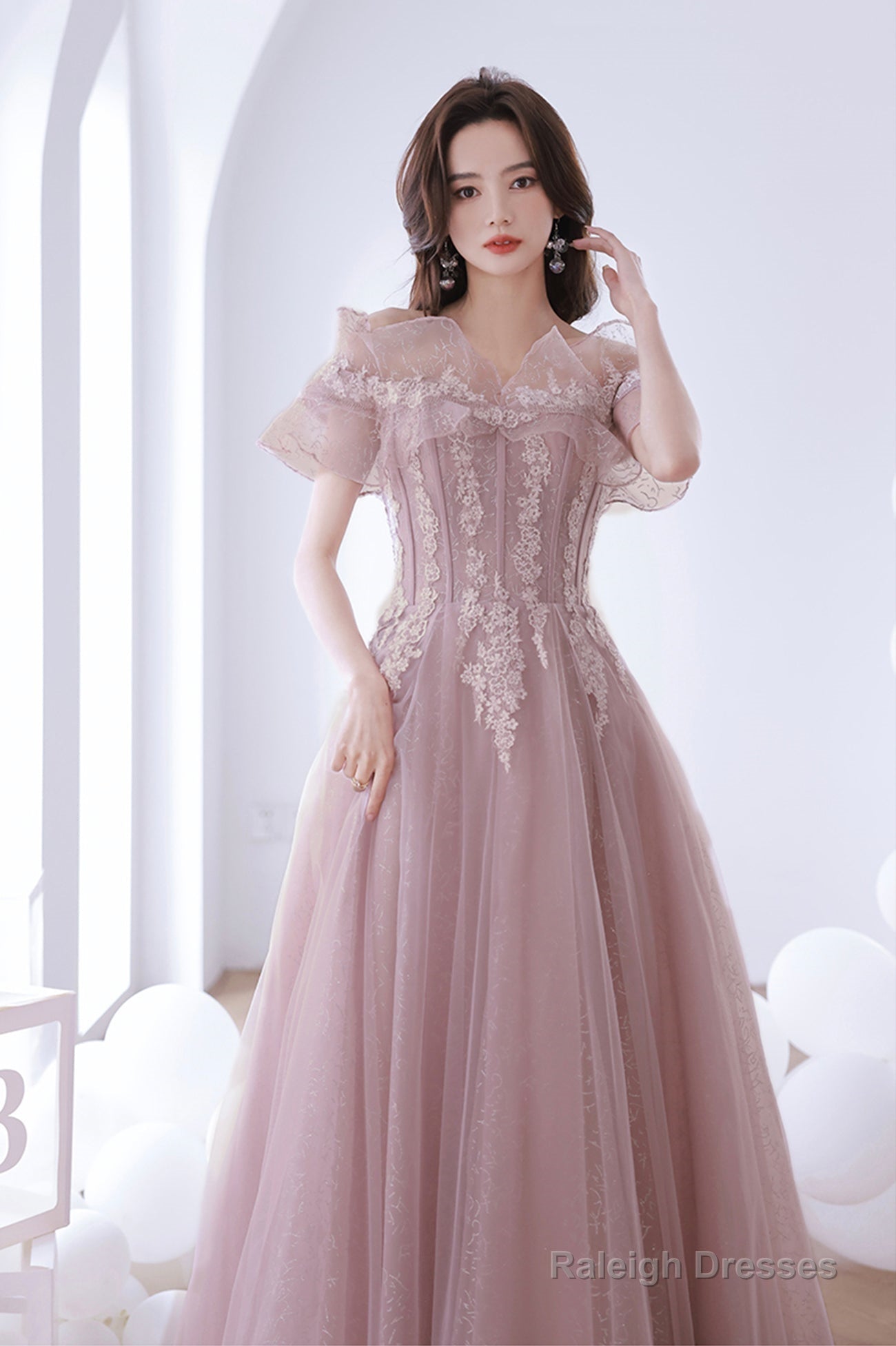 Pink Lace Off The Shoulder Prom Dress, Cute Pink Graduation Dress Secondary image