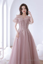 Pink Lace Off The Shoulder Prom Dress, Cute Pink Graduation Dress