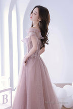 Pink Lace Off The Shoulder Prom Dress, Cute Pink Graduation Dress