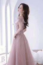 Pink Lace Off The Shoulder Prom Dresses Cute Pink Graduation Dresses