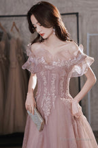 Pink Lace Off The Shoulder Prom Dress, Cute Pink Graduation Dress