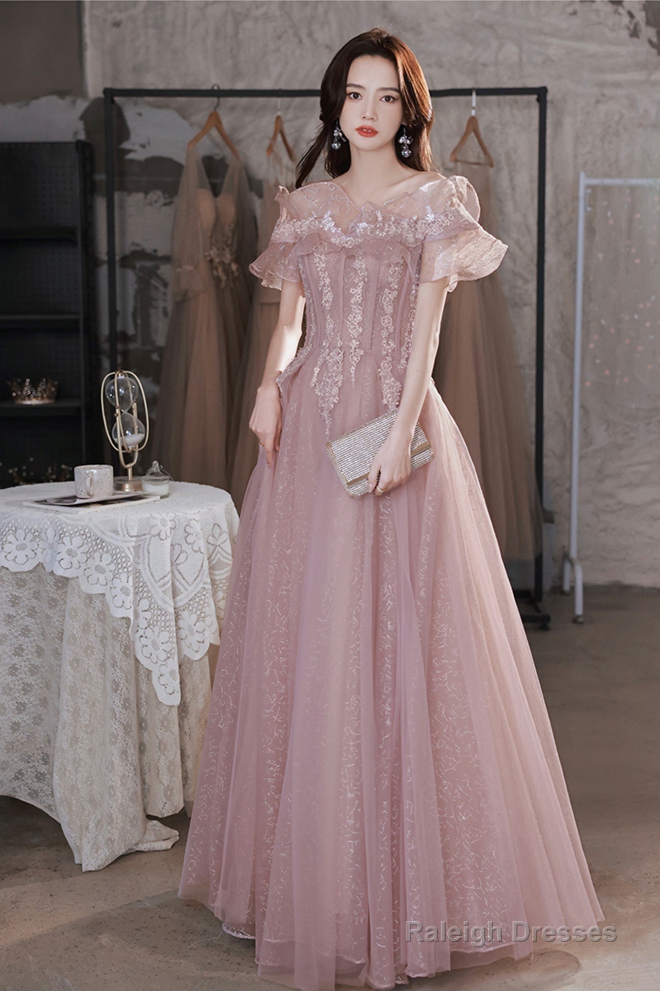 Pink Lace Off The Shoulder Prom Dresses Cute Pink Graduation Dresses