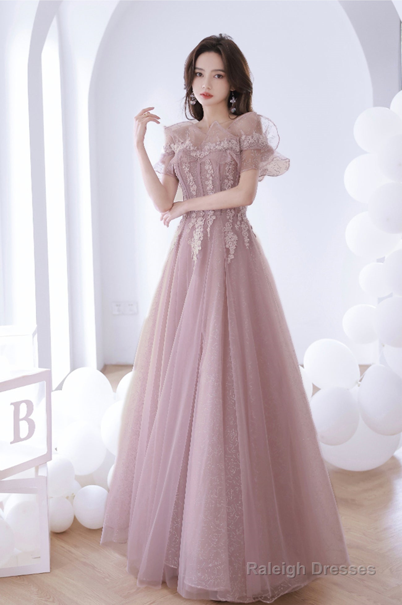 Pink Lace Off The Shoulder Prom Dress, Cute Pink Graduation Dress Main image