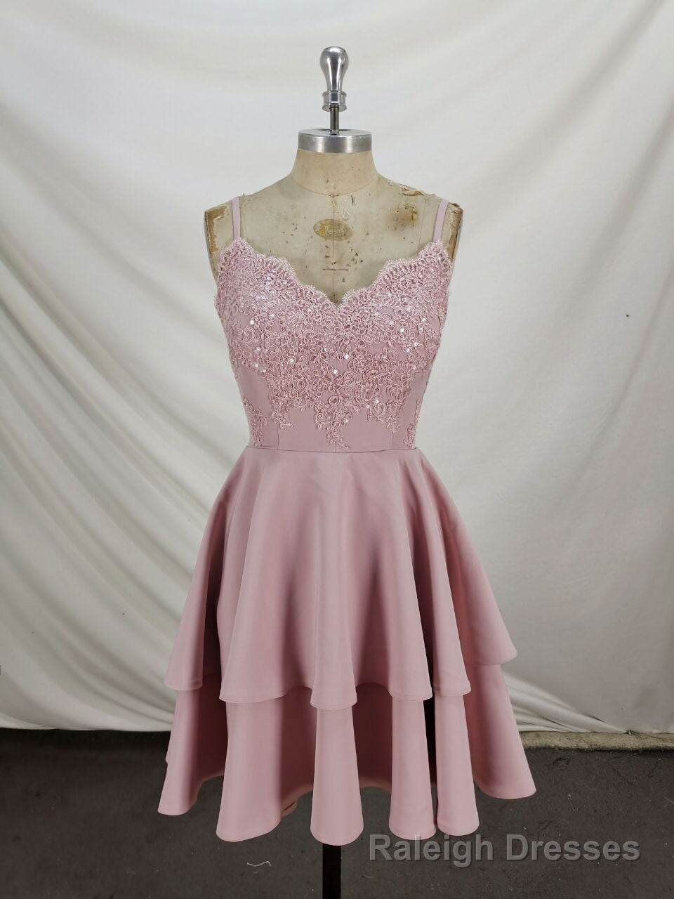 Pink Lace Satin Lace Short Prom Dress, Pink Homecoming Dresses
