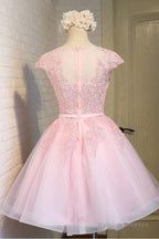 Pink Lace Short Tulle Homecoming Dresses Party Dresses With Cap Sleeves